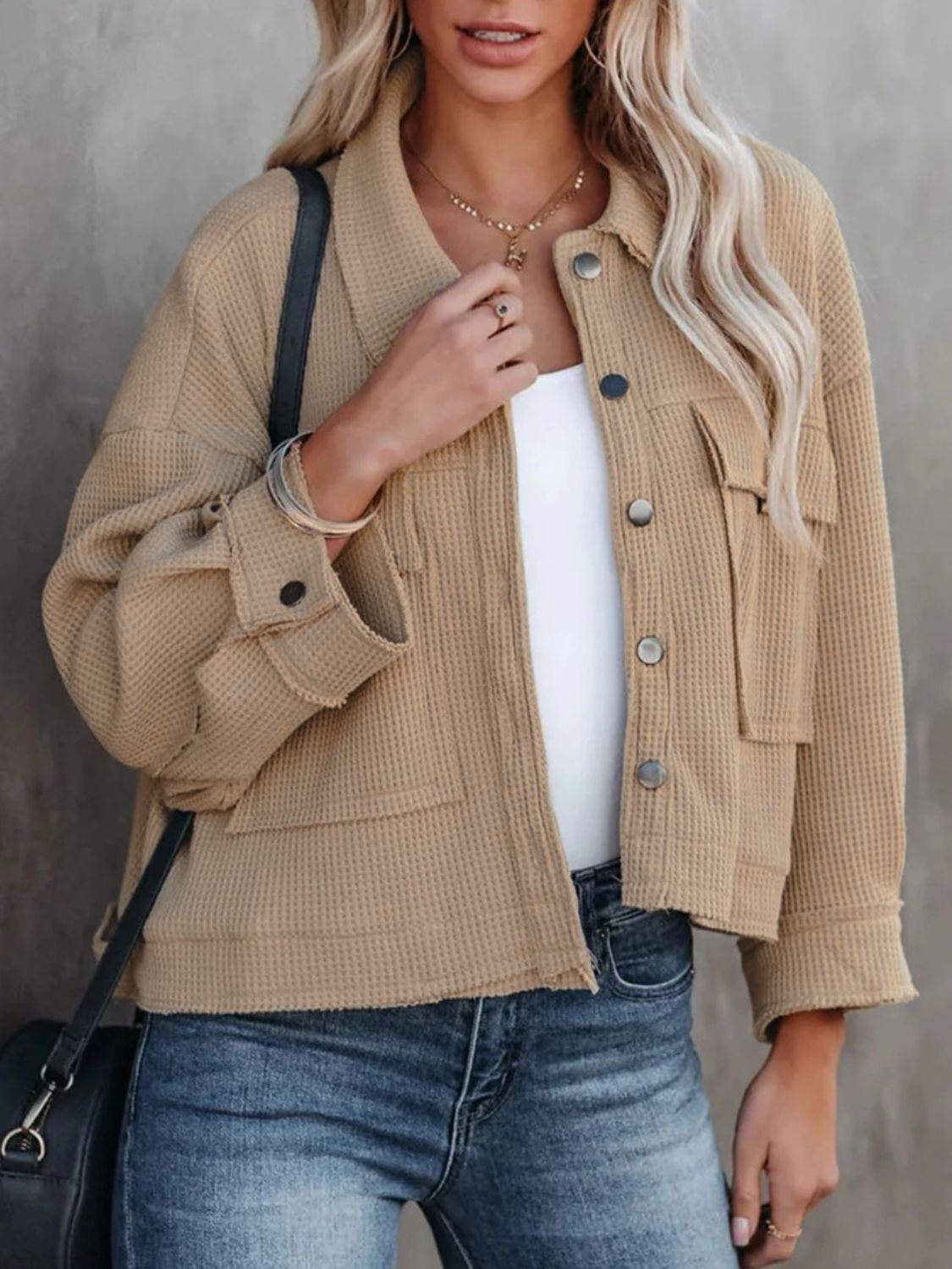 Button-Up Long Sleeve Jacket Camel