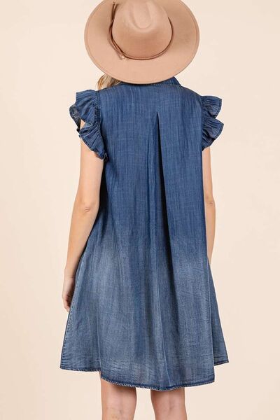 Mittoshop Washed Chambray Ruffle Sleeve Buttoned Mini Dress