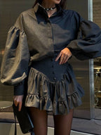 Lantern Sleeve Shirt & Ruffled Skirt Set - Chic & Feminine
