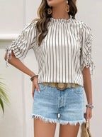 Striped Half Sleeve Blouse with Drawstring & Button Detail