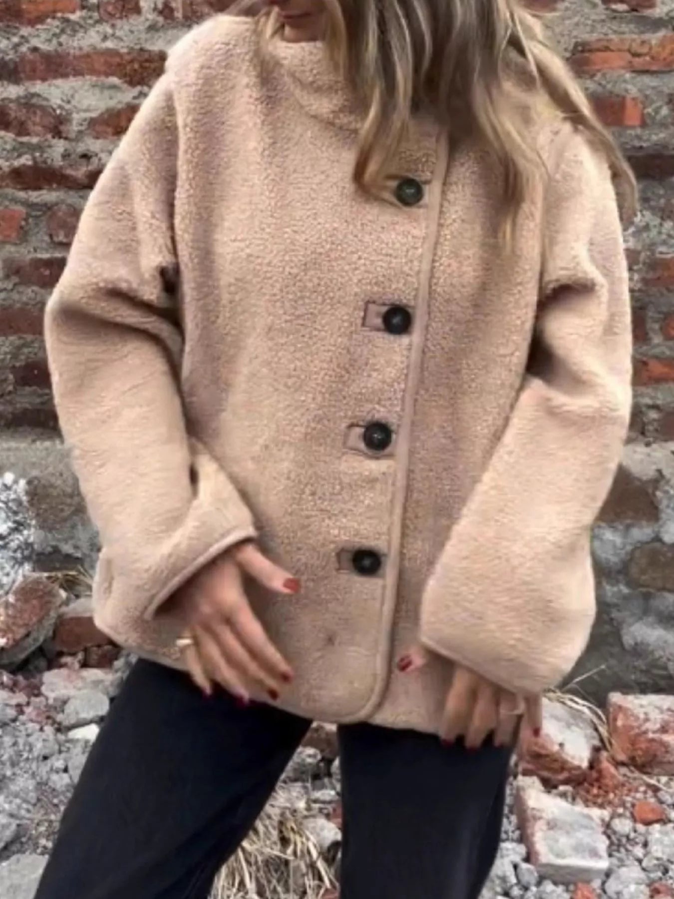 Button-Up Long Sleeve Fleece Jacket for Women – Plus Size