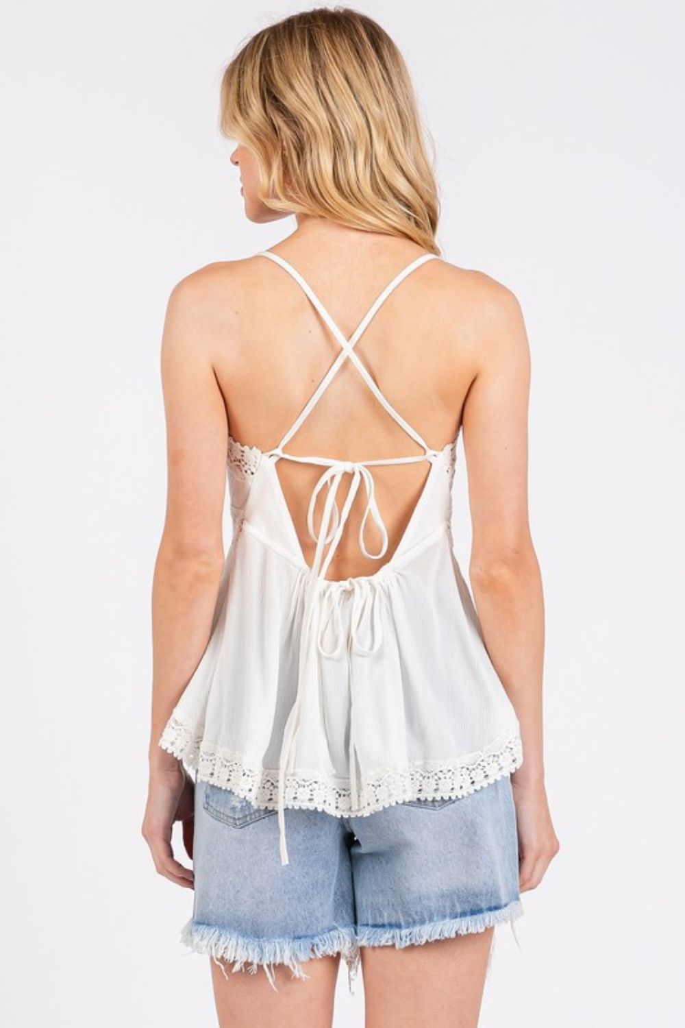 Mittoshop Crisscross Back Lace Detail V-Neck Peplum Cami