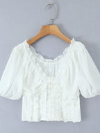 FlairBelle Frill V-Neck Mesh Puff Sleeve Blouse
