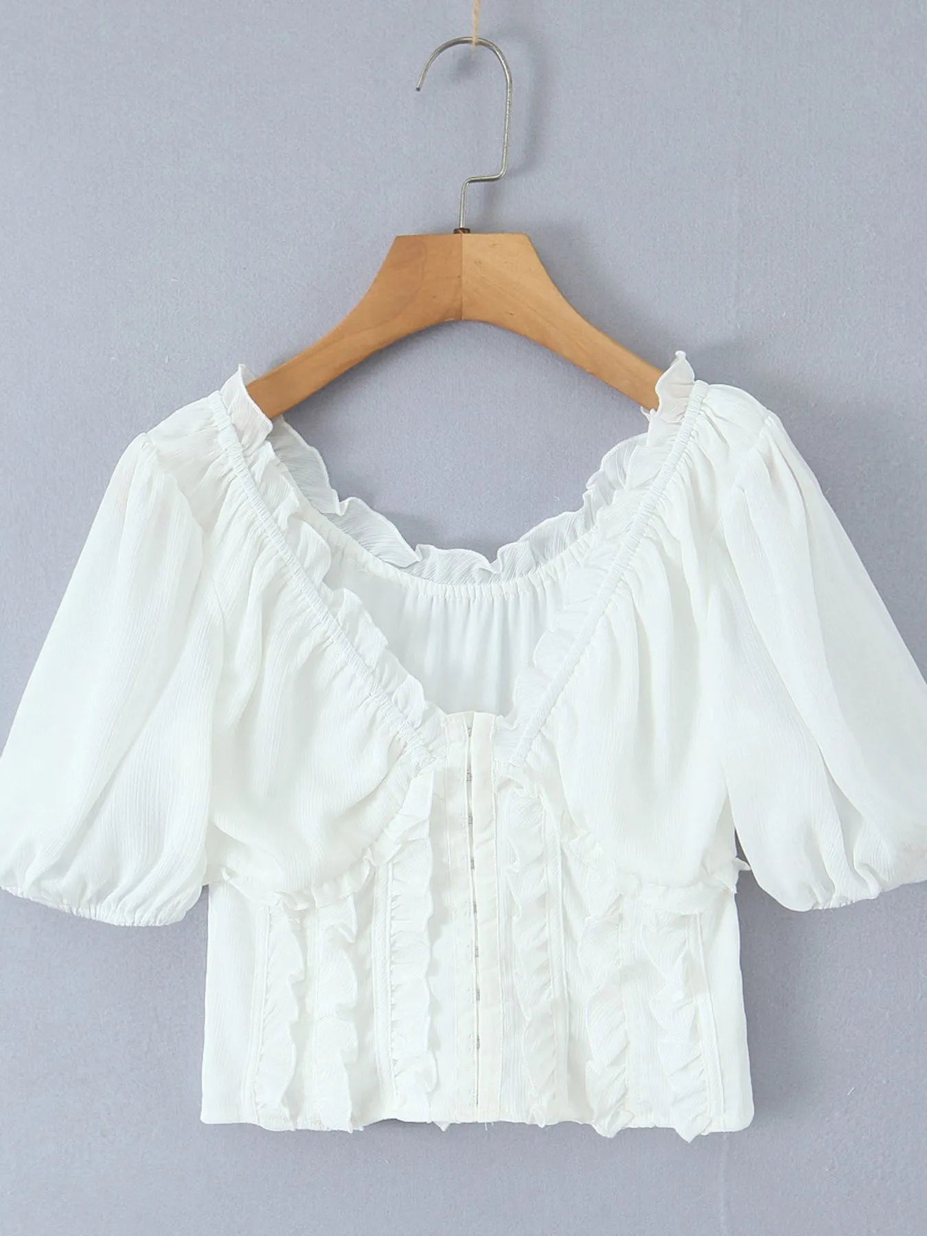 FlairBelle Frill V-Neck Mesh Puff Sleeve Blouse