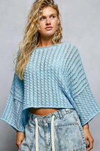 POL Cable-Knit Openwork Cropped Round-Neck Sweater Sky Blue