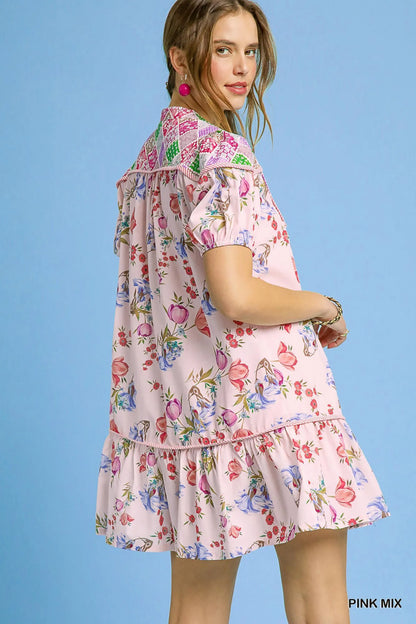 Umgee Floral Print Tie Neck Puff Sleeve Dress