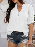 Devine Frill Notched Short Sleeve Blouse - Elegant & Chic