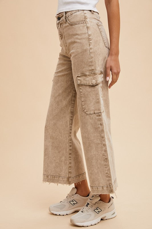 Annie Wear Raw Hem Wide-Leg Jeans with Cargo Pockets