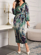 Printed Tie-Waist Balloon Sleeve Midi Dress