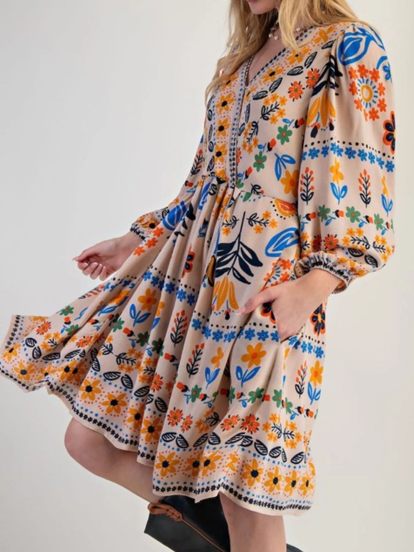 Bohemian Floral Print Ruched Long Sleeve Pocketed Mini Dress
