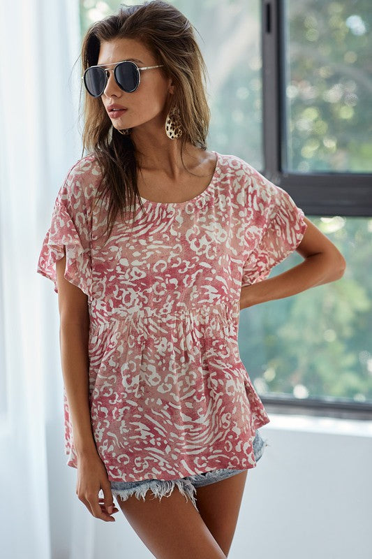 Leopard Print Flutter Sleeve Blouse - Trendy Peplum Top