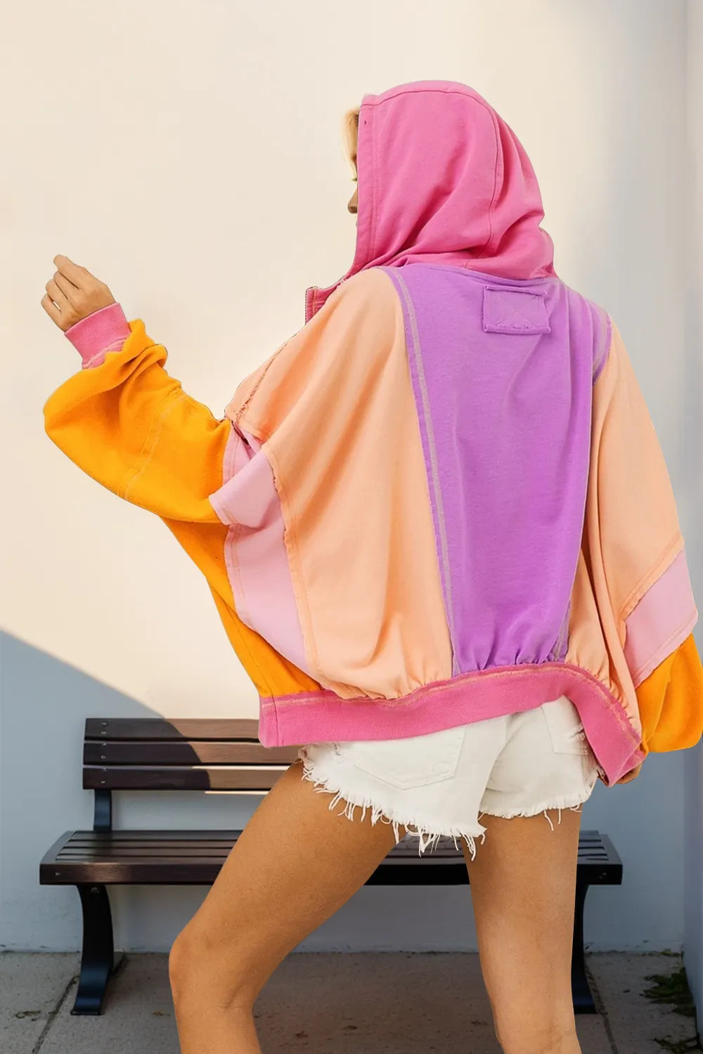 Double Take Full Size Color Block Zip-Up Hoodie with Pockets