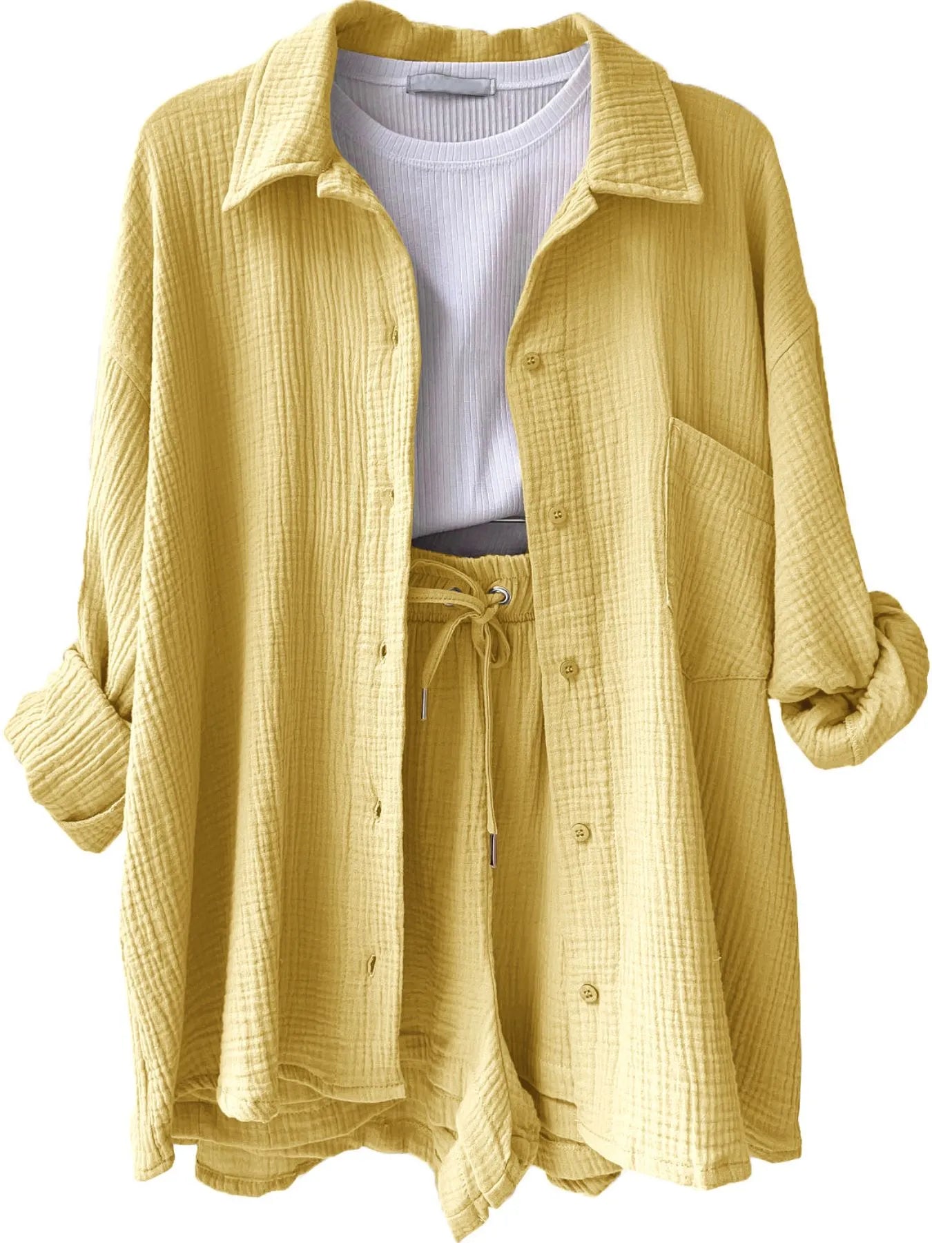 Chic Textured Button-Up Shirt & Shorts Two-Piece Set Yellow