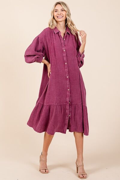 Mittoshop Mineral Wash Cotton Gauze Ruffle Midi Shirt Dress Deep Purple