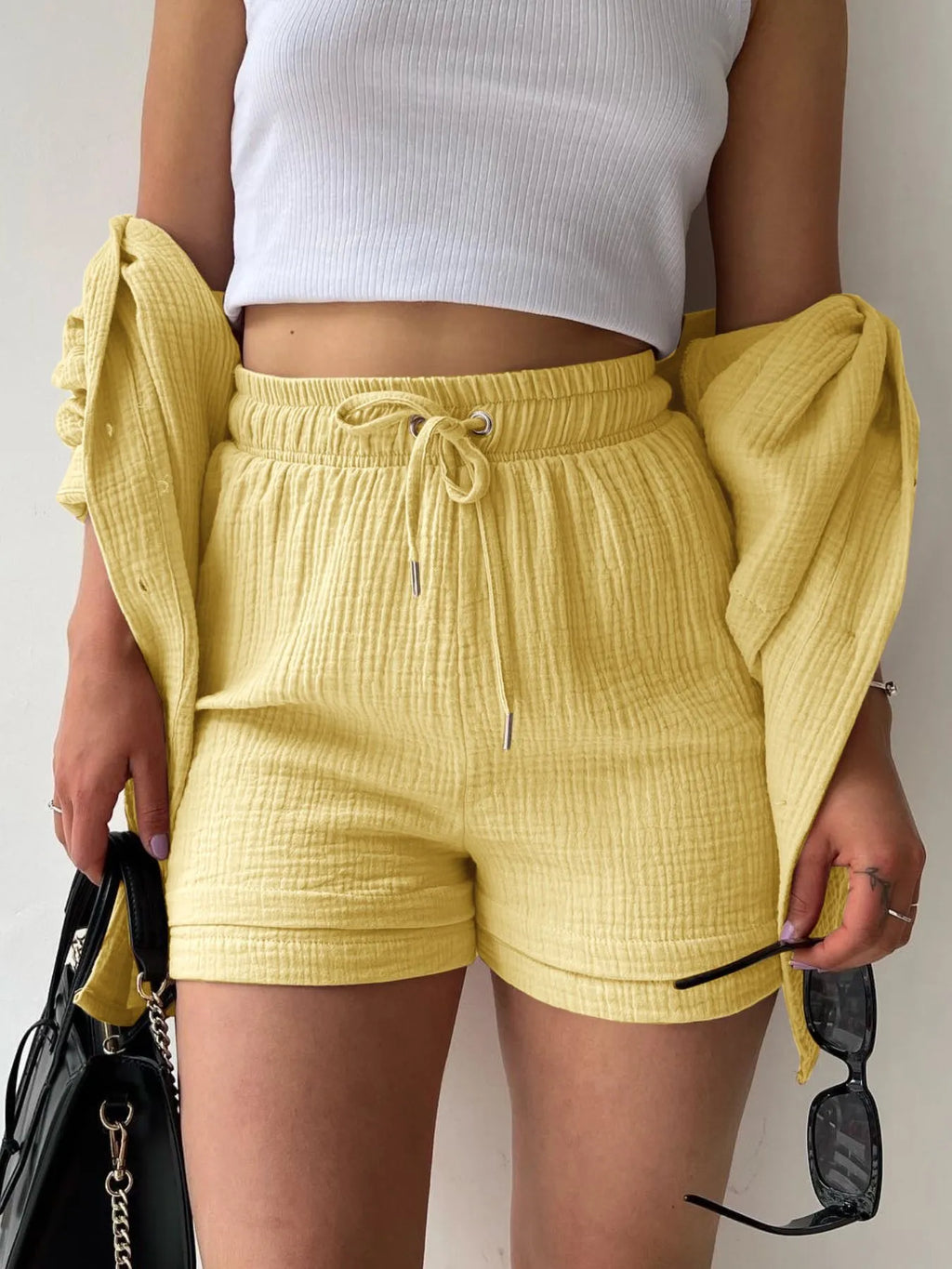 Chic Textured Button-Up Shirt & Shorts Two-Piece Set