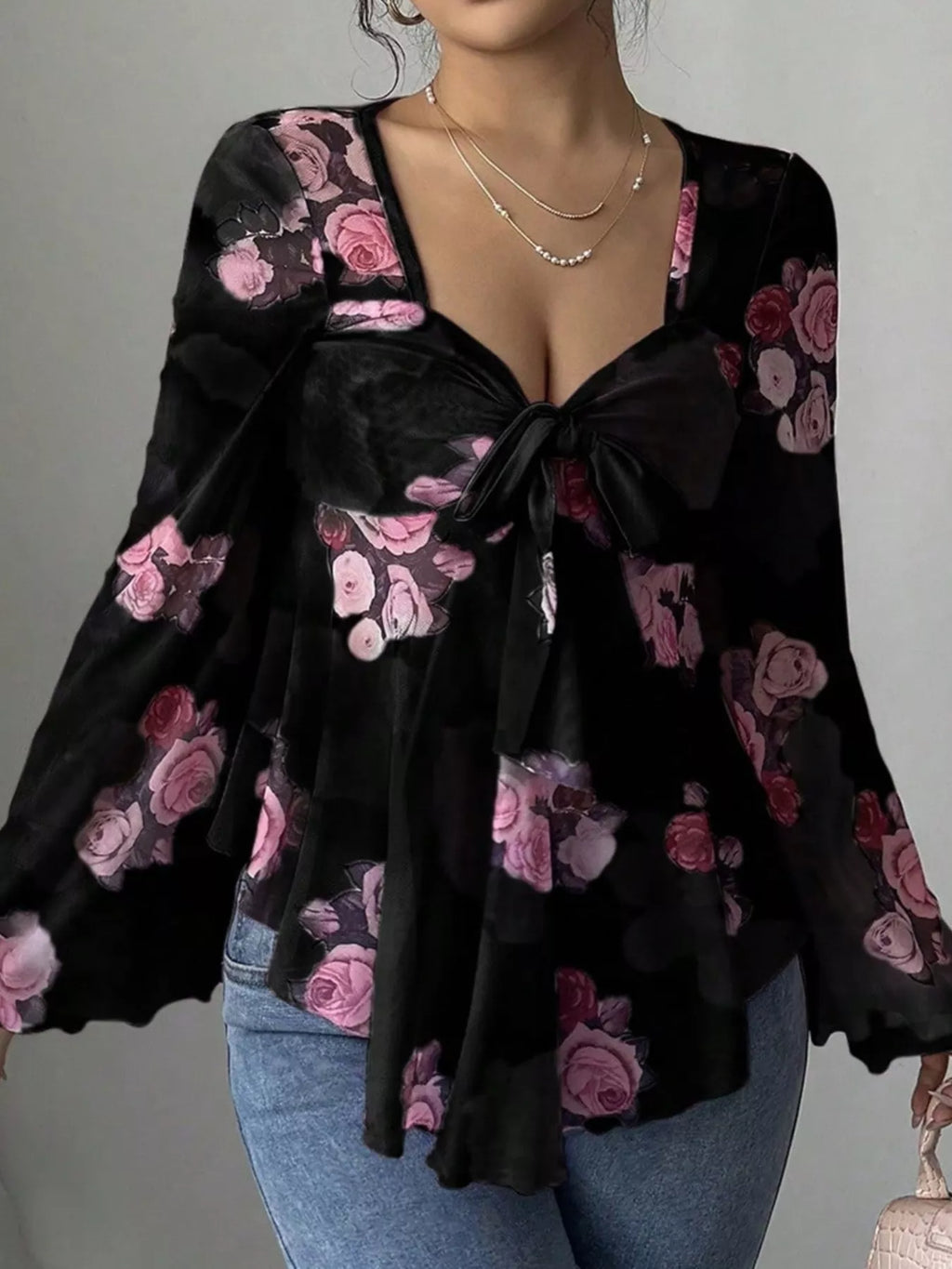 Floral Tie-Front Flare Sleeve Blouse