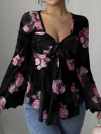 Floral Tie-Front Flare Sleeve Blouse