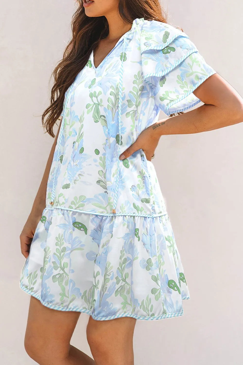 Floral Contrast Edge Mini Dress - Ruffled Short Sleeve Summer Look