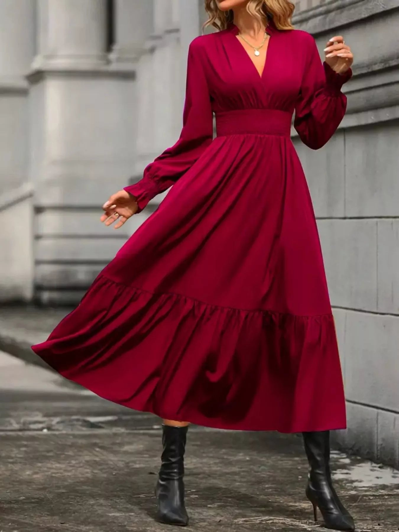 Elegant Ruched Surplice Long Sleeve Tiered Midi Dress