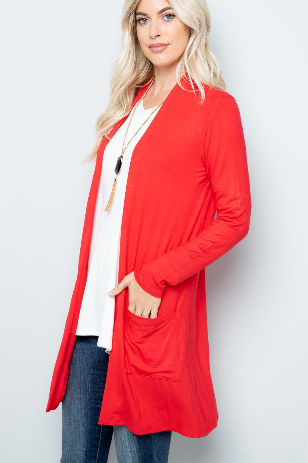 Celeste Full-Size Open-Front Pocketed Cardigan Lt Coral