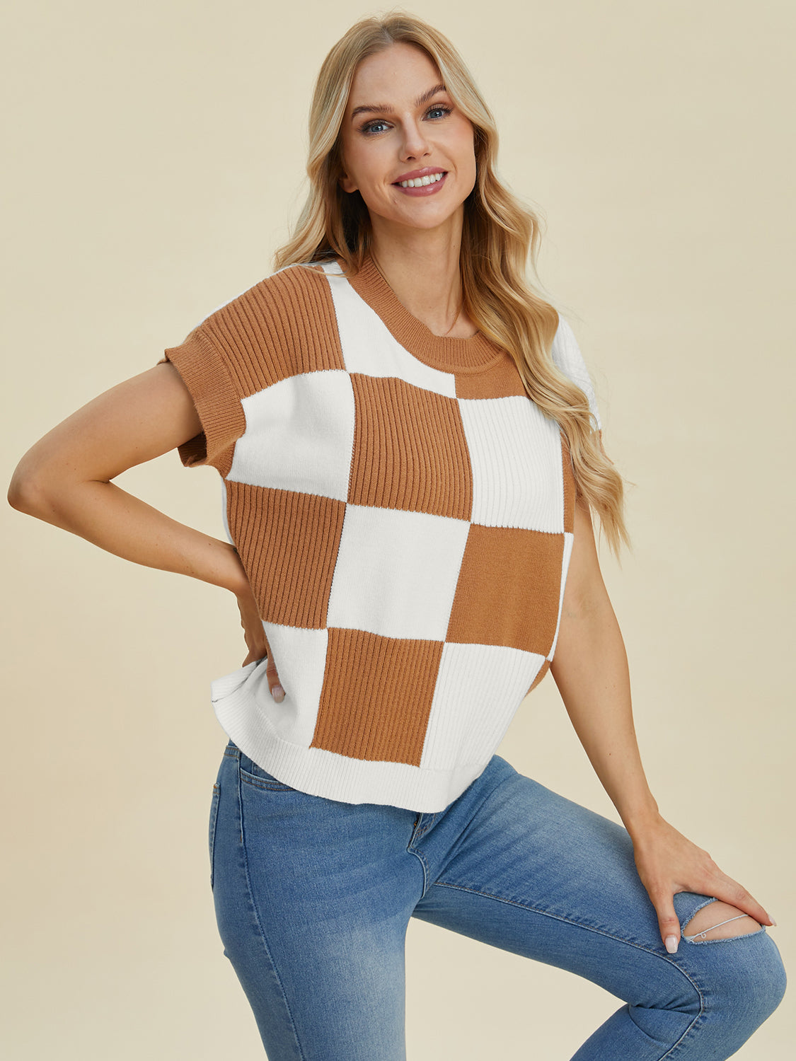 Double Take Checkered Round Neck Short Sleeve Sweater Camel