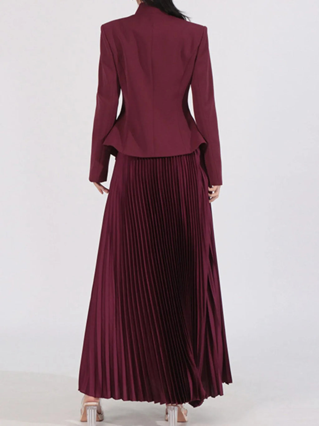 Elegant Button Up Long Sleeve Blouse & Pleated Skirt Two-Piece Set