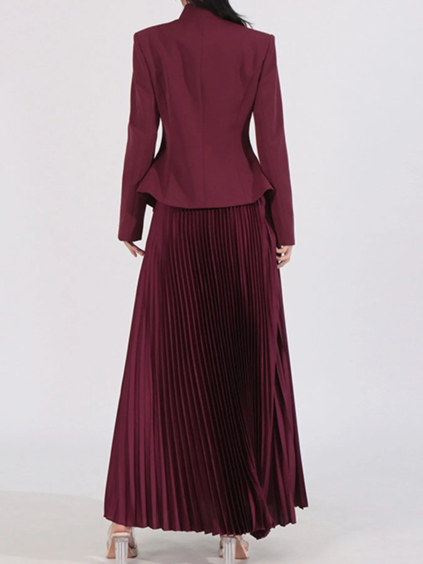 Elegant Button Up Long Sleeve Blouse & Pleated Skirt Two-Piece Set