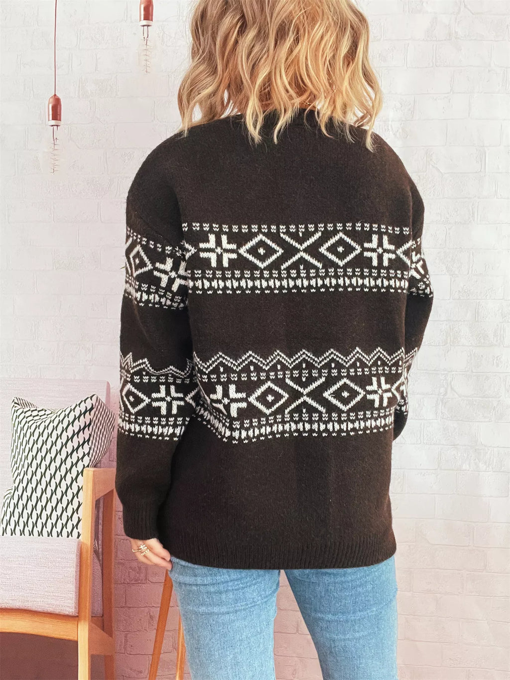 Geometric Print Dropped Shoulder Long Sleeve Sweater