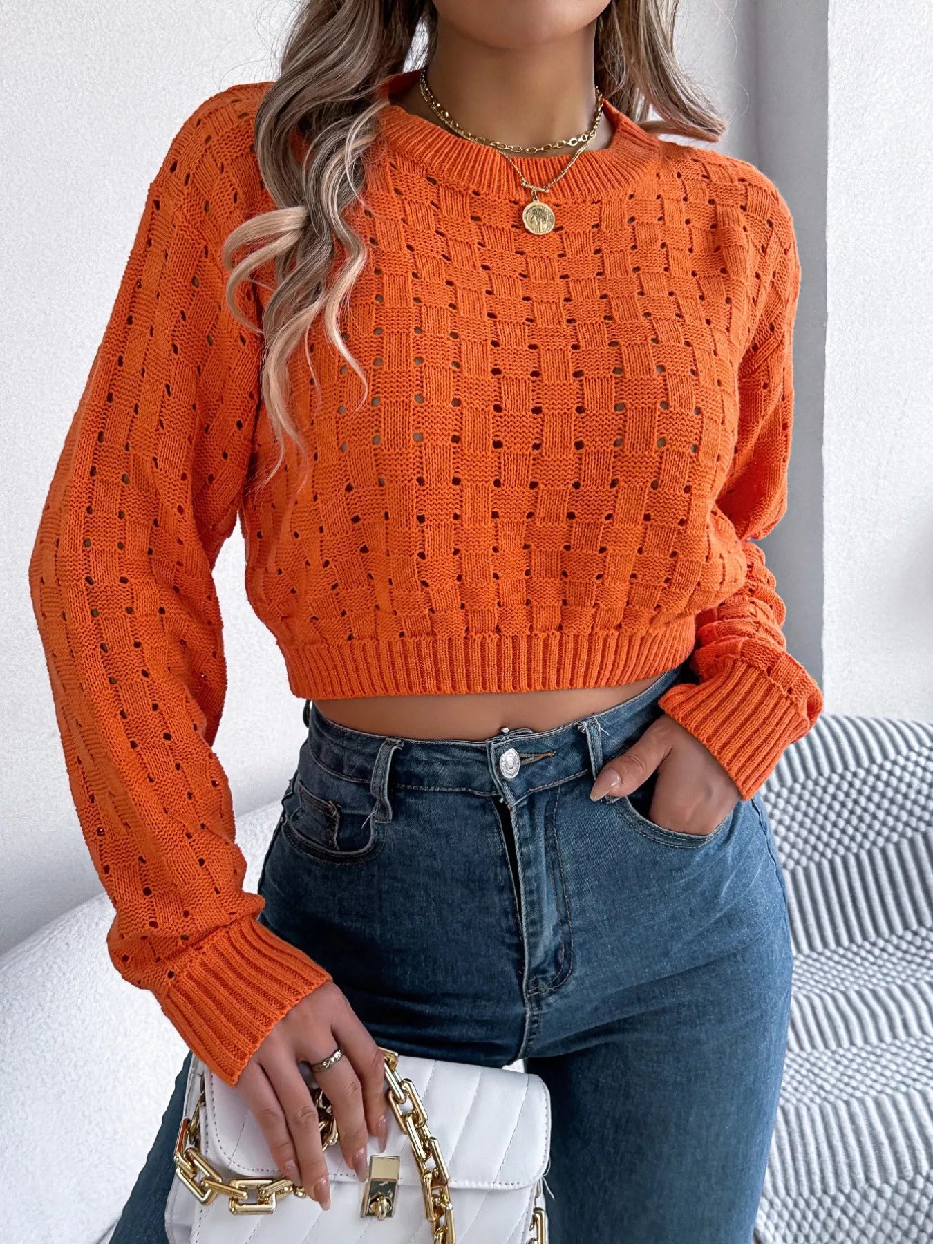 Cutout Back Openwork Knit Long Sleeve Sweater