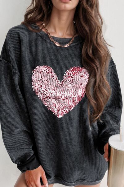 Sequin Heart Long Sleeve Sweatshirt Black