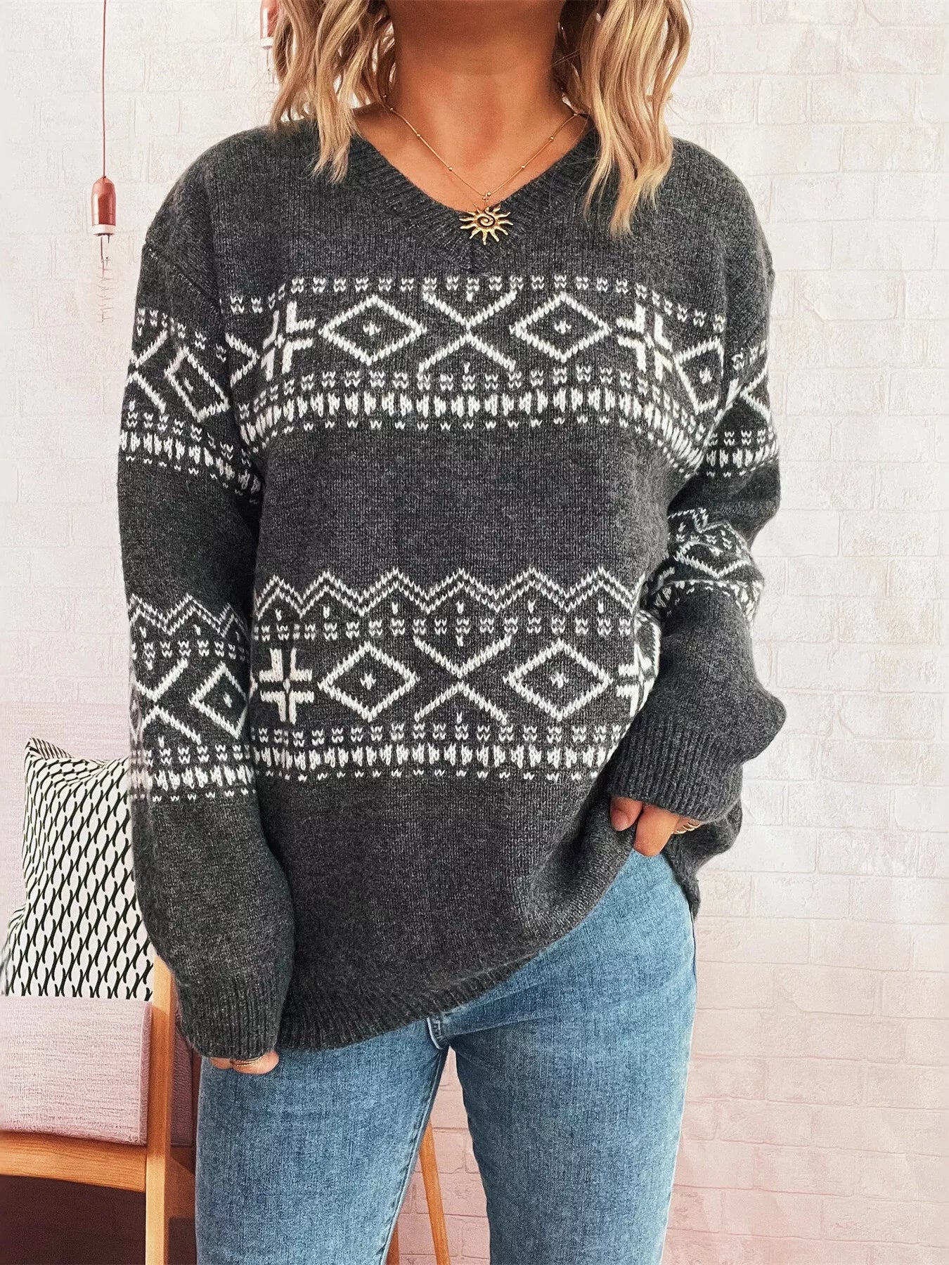 Geometric Print Dropped Shoulder Long Sleeve Sweater