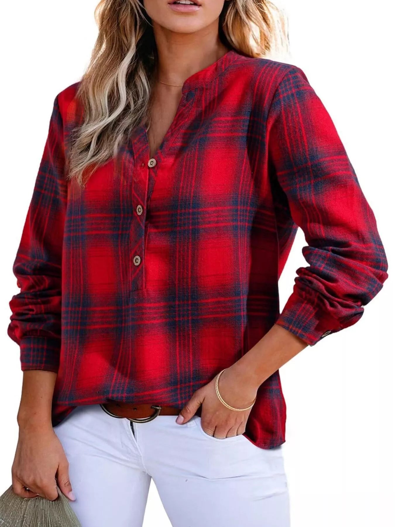 Classic Plaid Half Button Long Sleeve Blouse