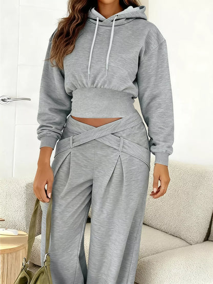Trendy Casual Cropped Hoodie & Wide Leg Pants Co-ord Set