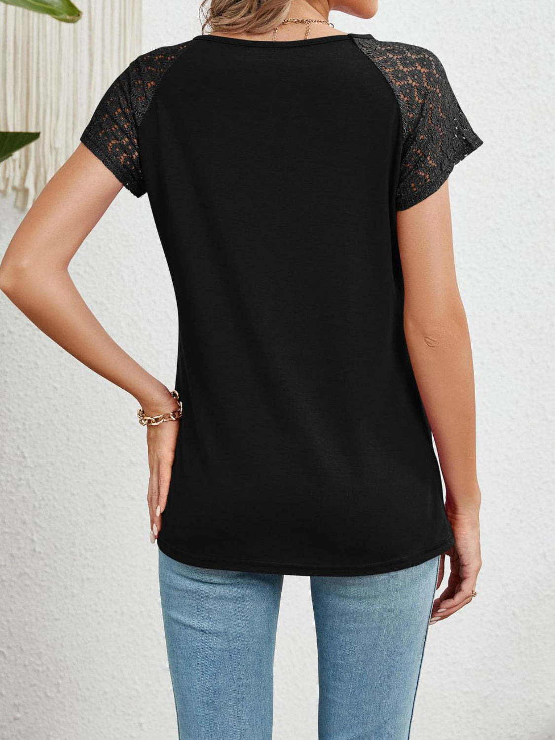 Elegant Round Neck Lace Top - Semi-Sheer Short Sleeve Blouse