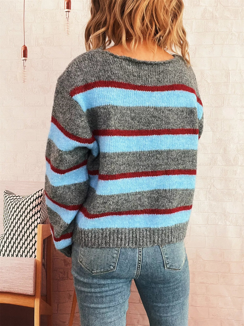 Striped Ribbed Round Neck Long Sleeve Sweater