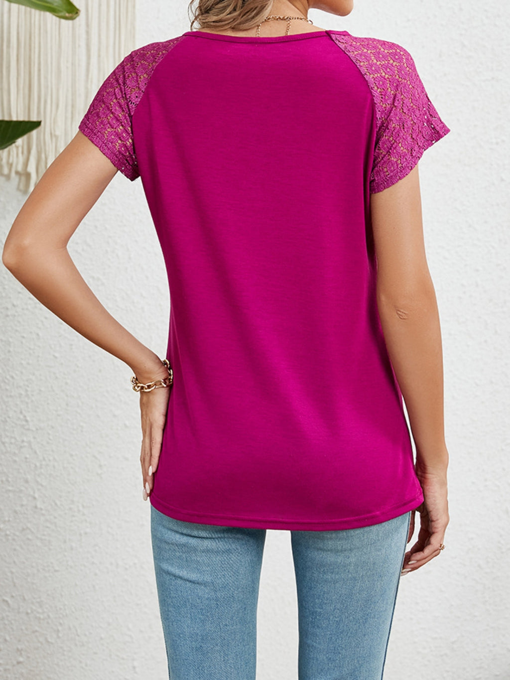 Elegant Round Neck Lace Top - Semi-Sheer Short Sleeve Blouse