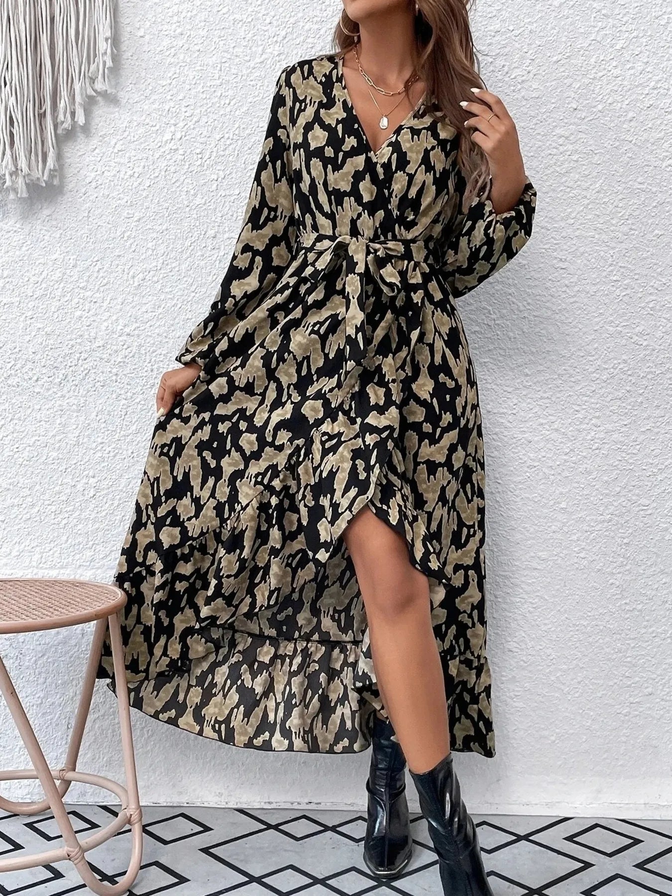 Leopard Print Surplice Balloon Sleeve Maxi Dress with Tie Waist