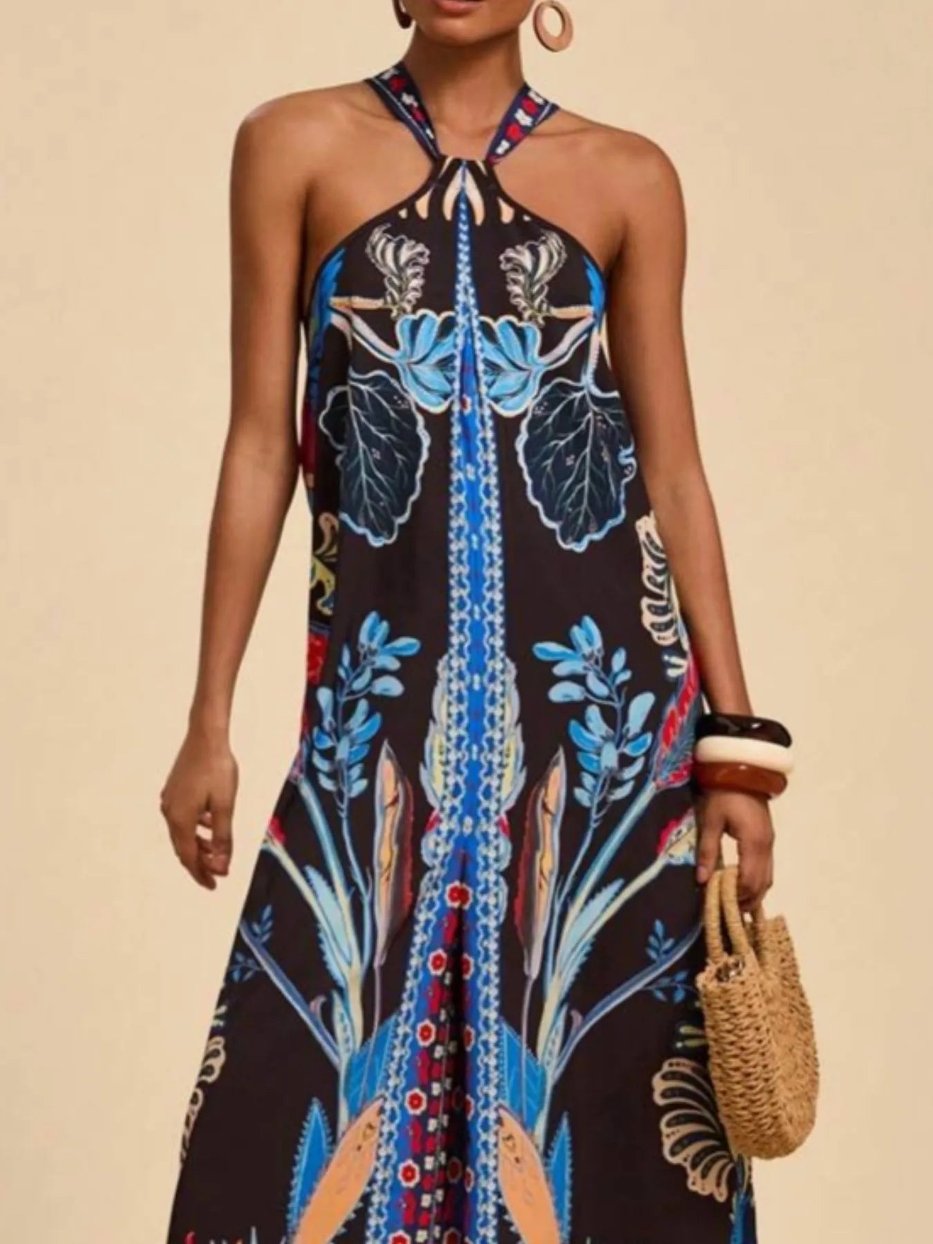 Boho Printed Halter Neck Wide-Leg Jumpsuit