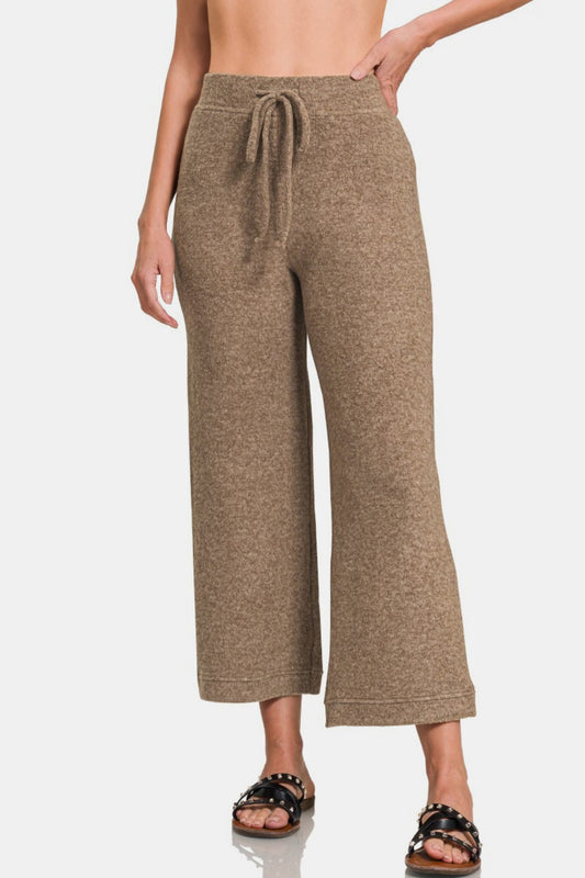 Zenana Hacci Fabric Cropped Pants with Drawstring Mocha