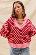 SO ME Color Block Textured V-Neck Christmas Sweater Top