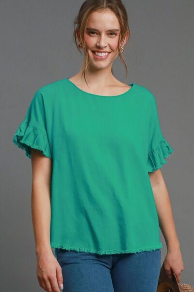 Umgee Full Size Raw Hem Ruffle Short Sleeve Blouse Turquoise