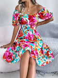 Smocked Ruffle Hem Floral Midi Dress Hot Pink