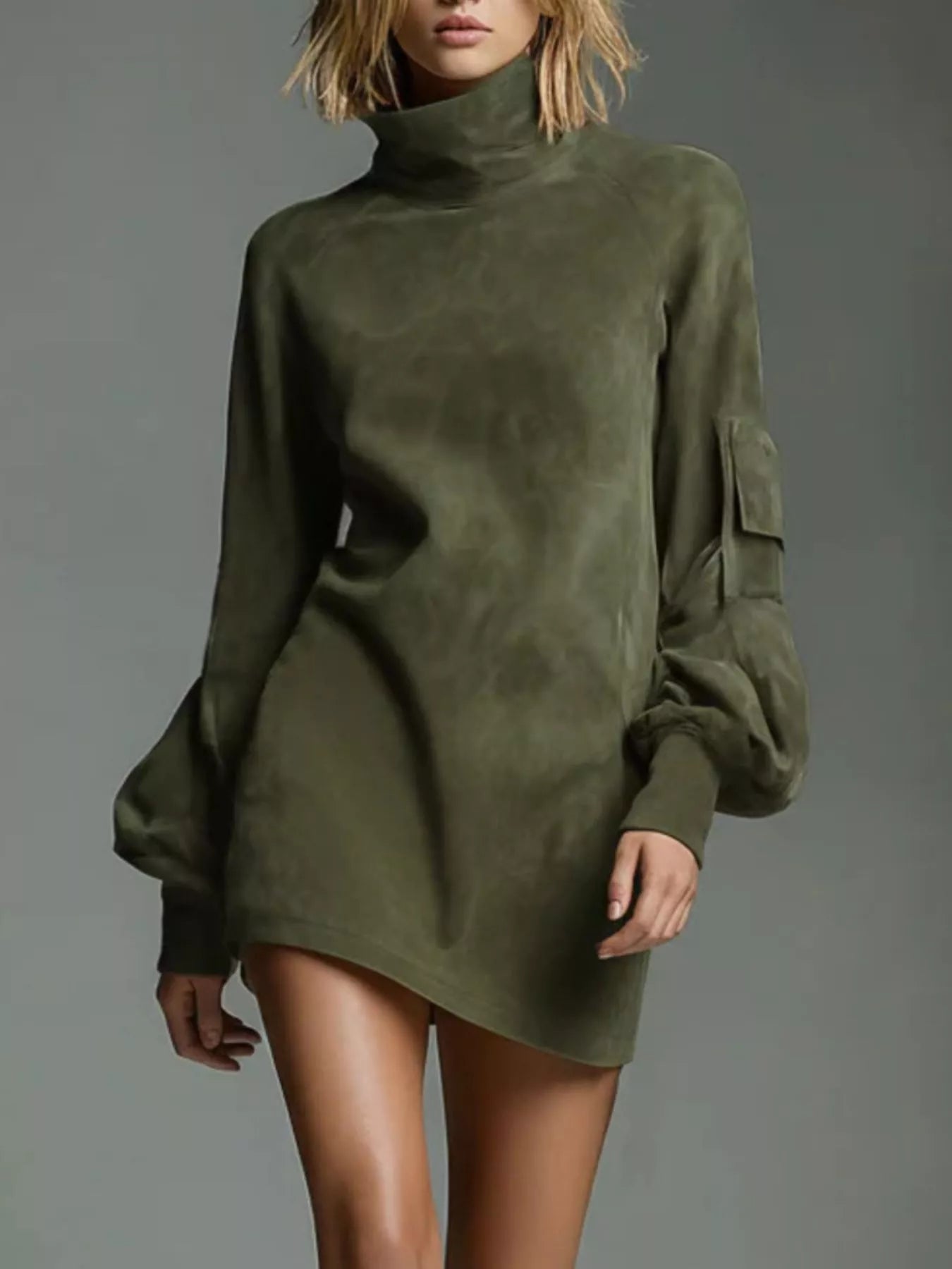 Full-Size Suede Turtleneck Lantern Sleeve Mini Dress Army Green