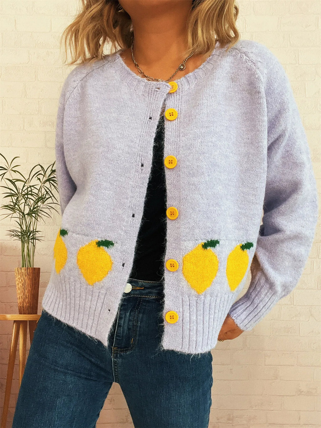 Chic Lemon Pattern Button-Up Cardigan – Playful Knitwear for Everyday Style
