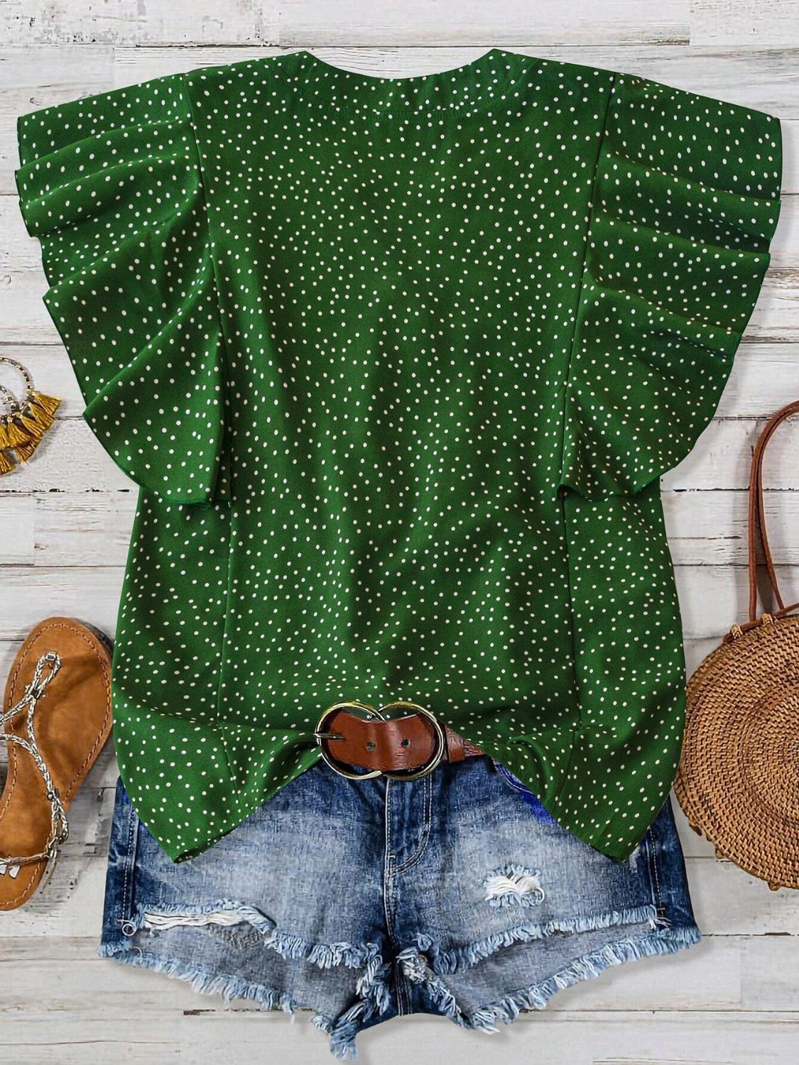 Polka Dot Ruffled Cap Sleeve Blouse - Chic & Feminine