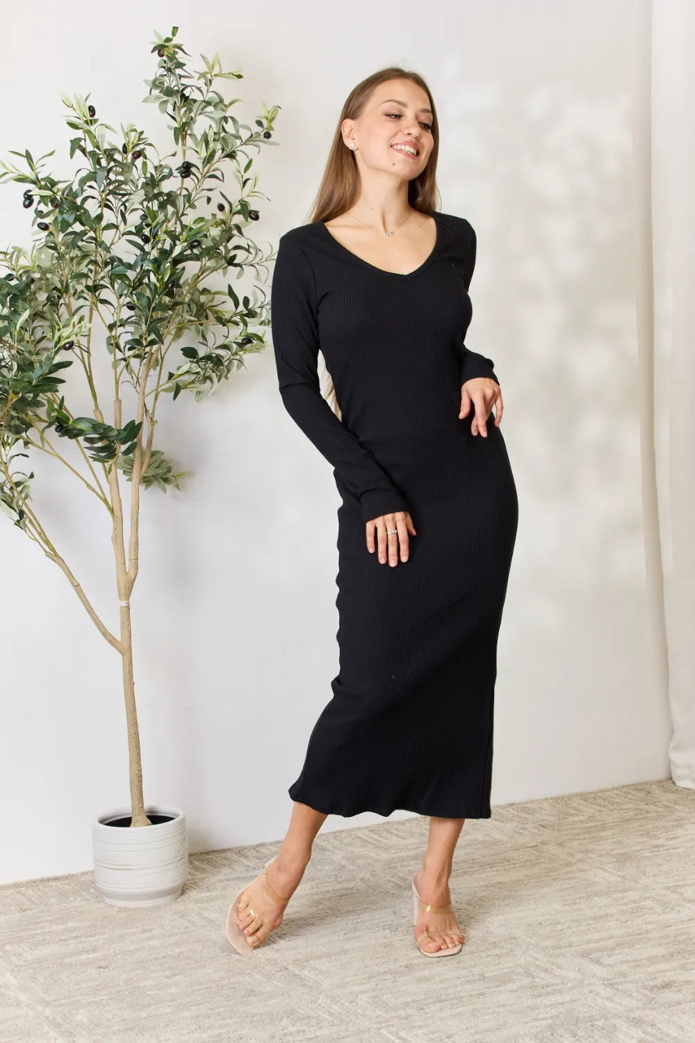 Culture Code Ribbed Slit Midi Dress â€“ Full Size