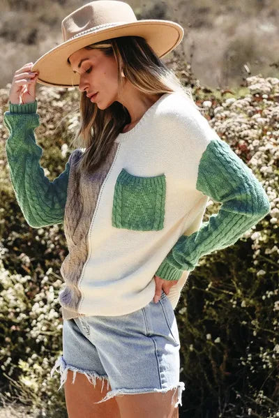 Color Block Pocketed Round Neck Sweater