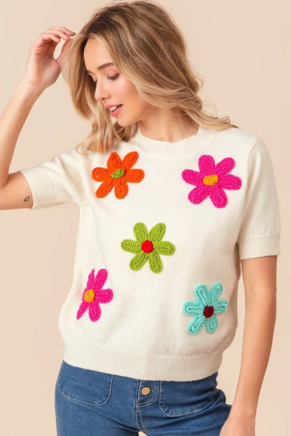 BiBi Crochet Daisy Patch Knit Sweater Top