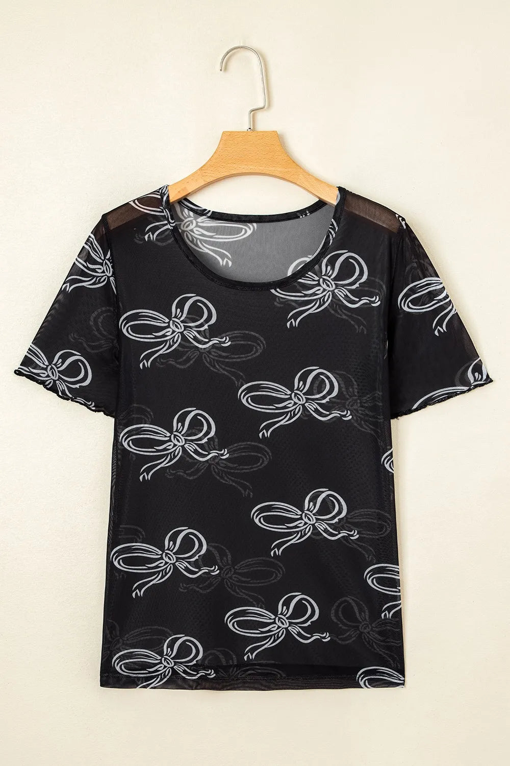 Elegant Sheer Bow Mesh Round Neck Short Sleeve Lightweight Top