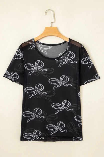 Elegant Sheer Bow Mesh Round Neck Short Sleeve Lightweight Top